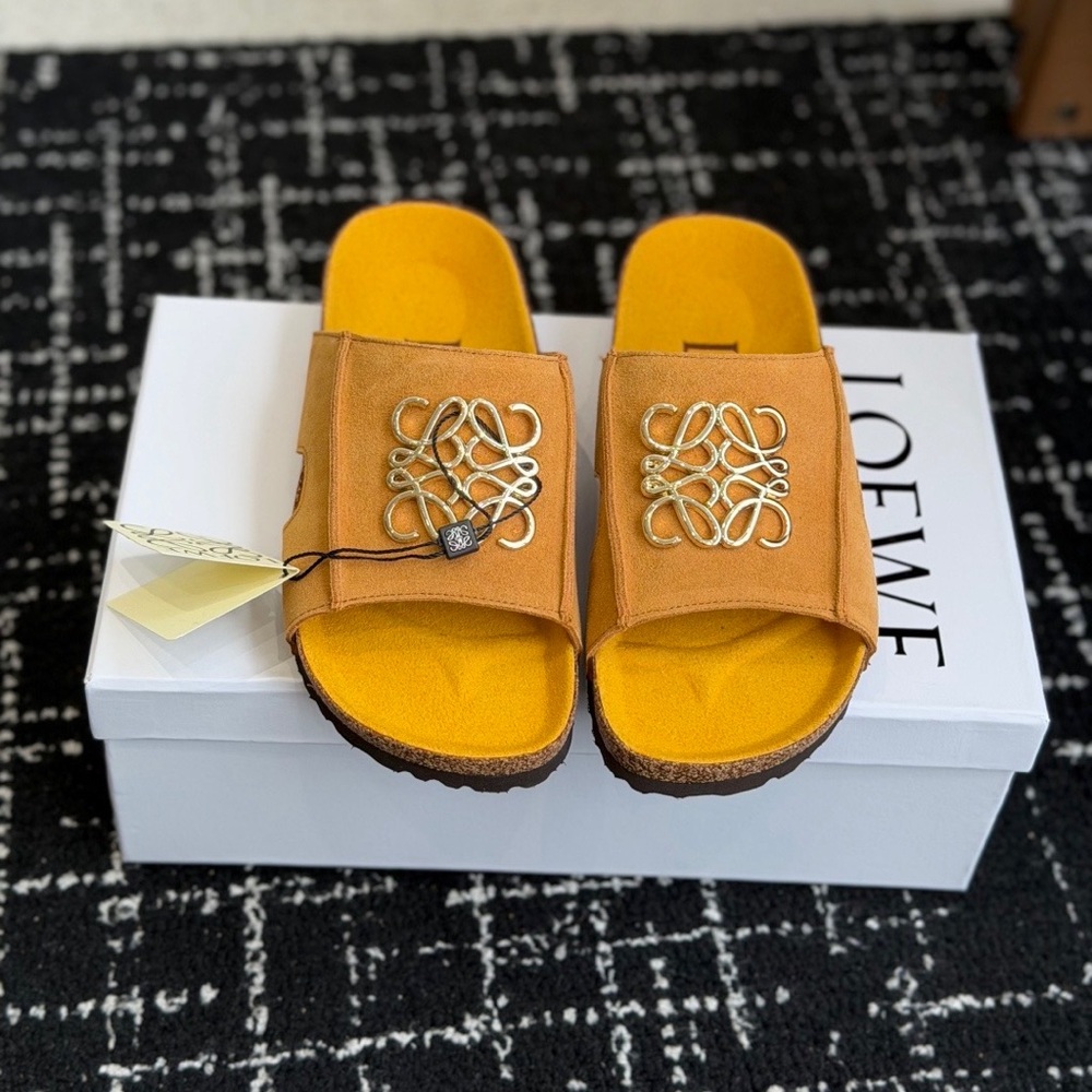 Loewe Tan Canvas Slide Sandals with Gold Logo